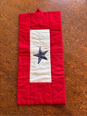 Hand Crafted Red and White Quilted Wall Hanging with Blue Star. Patriotic